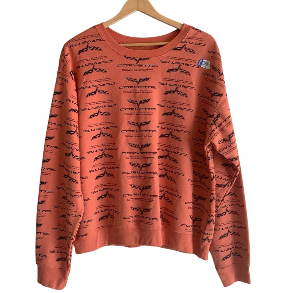 GM Official Orange Allover Print Corvette Pullover Sweatshirt Women’s Sz XL NWOT